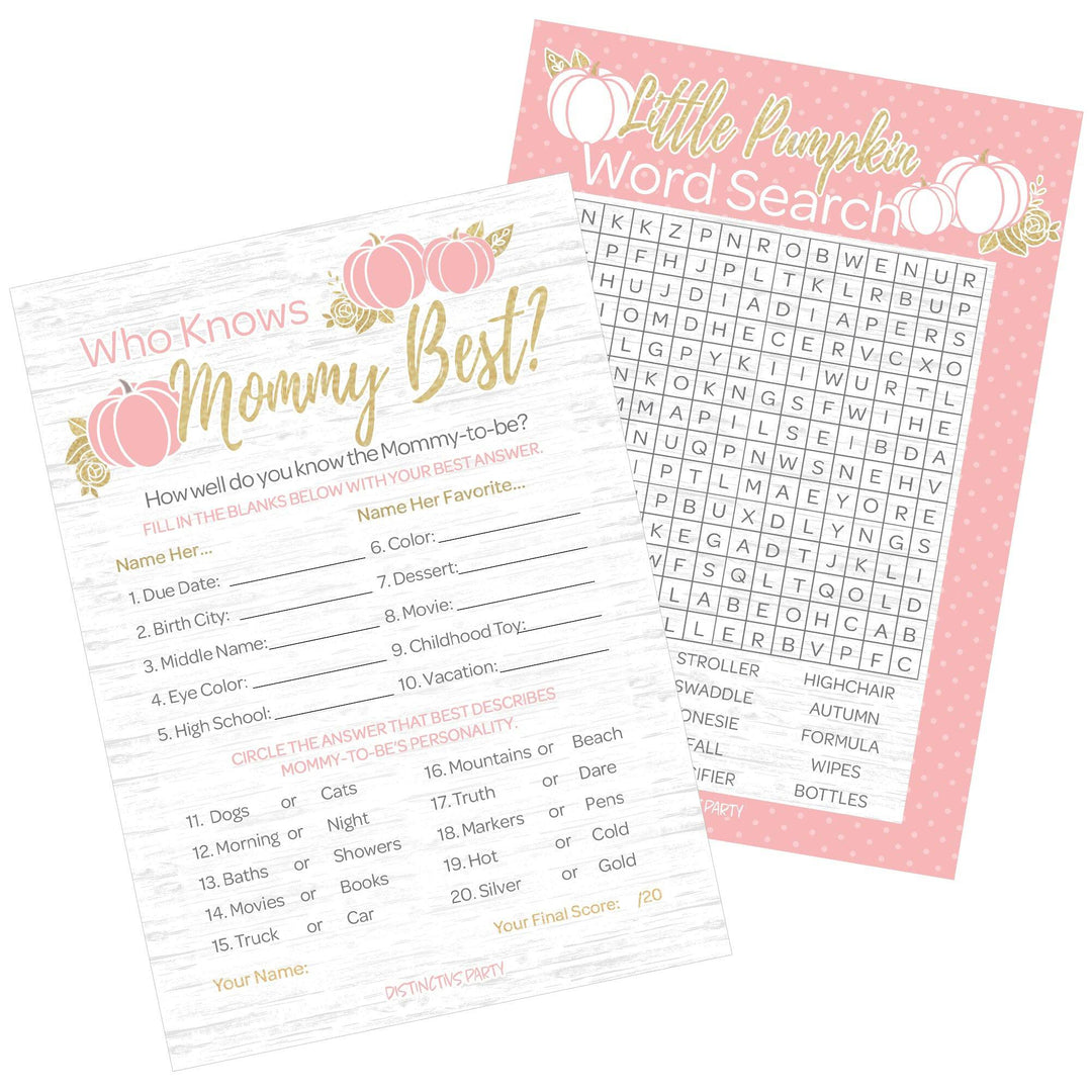 Little Pumpkin: Pink & Gold - Baby Shower Game - Word Search and Who Knows Mommy Best Party Activity - Two Game Bundle  - Fall, Girl - 20 Dual Sided Cards - Distinctivs Party