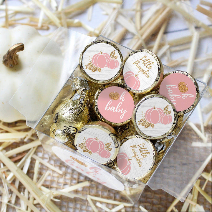 Little Pumpkin: Pink & Gold - Baby Shower - Party Favor Stickers-  Fits on Hershey's Kisses  Fall, Girl -180 Stickers - Distinctivs Party
