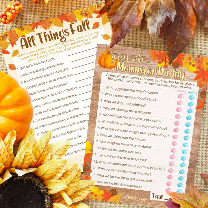 Little Pumpkin: Rustic Orange - Baby Shower Game - "Guess Who" Mommy or Daddy and All things Fall Party Activity - Two Game Bundle -  20 Dual Sided Cards - Distinctivs Party