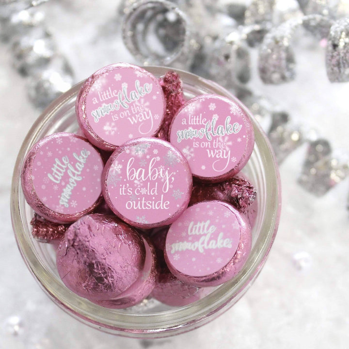 Little Snowflake: Pink - Winter Baby Shower Favor Stickers  - Fits on Hershey® Kisses - Girl -  Baby It's Cold Outside - 180 Stickers - Distinctivs Party