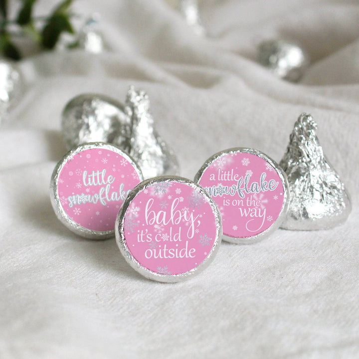 Little Snowflake: Pink - Winter Baby Shower Favor Stickers  - Fits on Hershey® Kisses - Girl -  Baby It's Cold Outside - 180 Stickers - Distinctivs Party