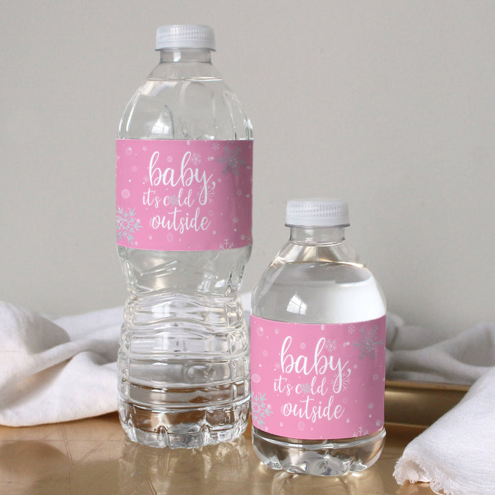 Little Snowflake: Pink -  Winter Baby Shower Water Bottle Labels - Girl - Baby It's Cold Outside - 24 Waterproof Stickers - Distinctivs Party