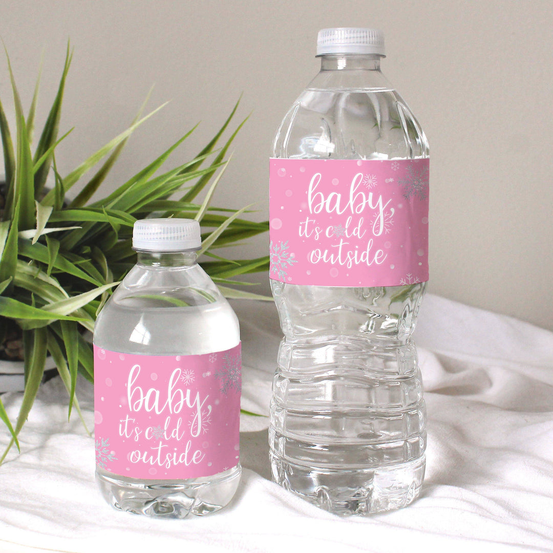 Little Snowflake: Pink -  Winter Baby Shower Water Bottle Labels - Girl - Baby It's Cold Outside - 24 Waterproof Stickers - Distinctivs Party