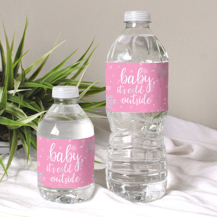 Little Snowflake: Pink -  Winter Baby Shower Water Bottle Labels - Girl - Baby It's Cold Outside - 24 Waterproof Stickers - Distinctivs Party