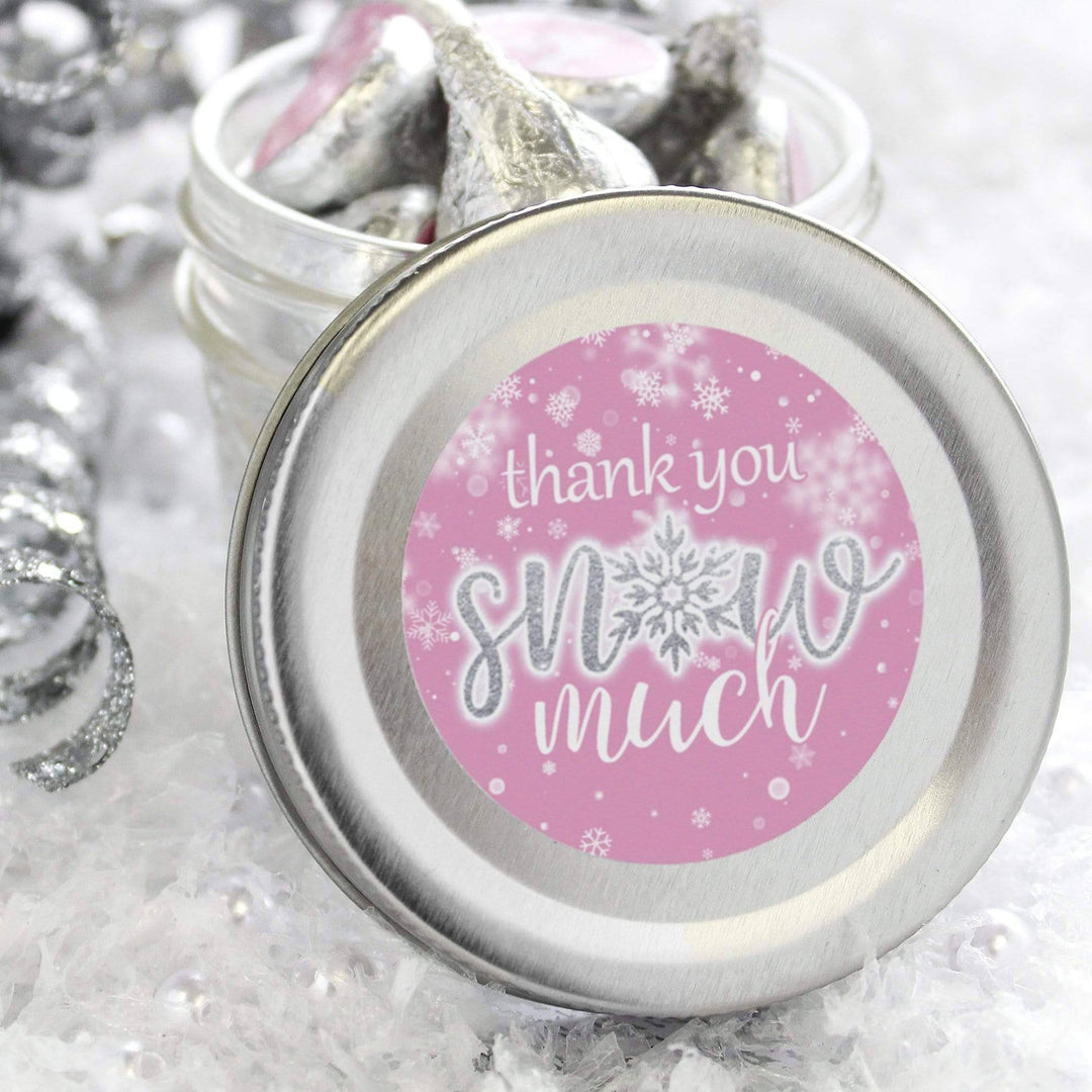 Little Snowflake: Pink -  Winter Birthday or Baby Shower - Girl - Thank You Snow Much Stickers - 40 Stickers - Distinctivs Party