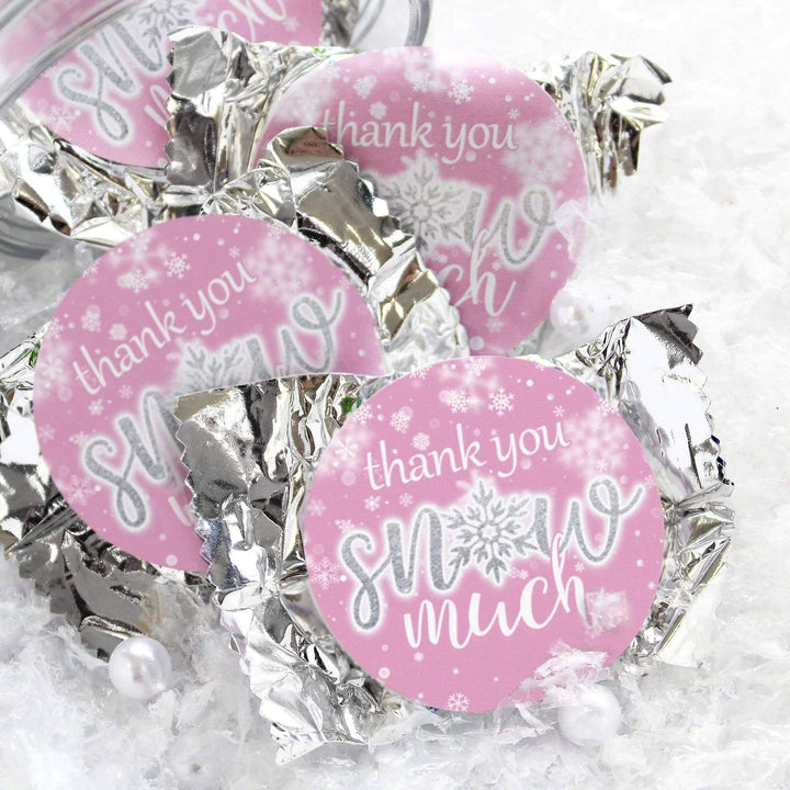 Little Snowflake: Pink -  Winter Birthday or Baby Shower - Girl - Thank You Snow Much Stickers - 40 Stickers - Distinctivs Party