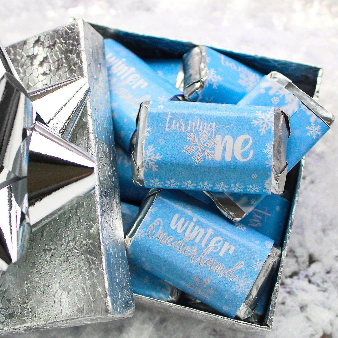 Onederland Snowflake: Blue - Winter First Birthday - Hershey's Miniatures Candy Bar Wrappers Stickers - 45 Stickers - Distinctivs Party