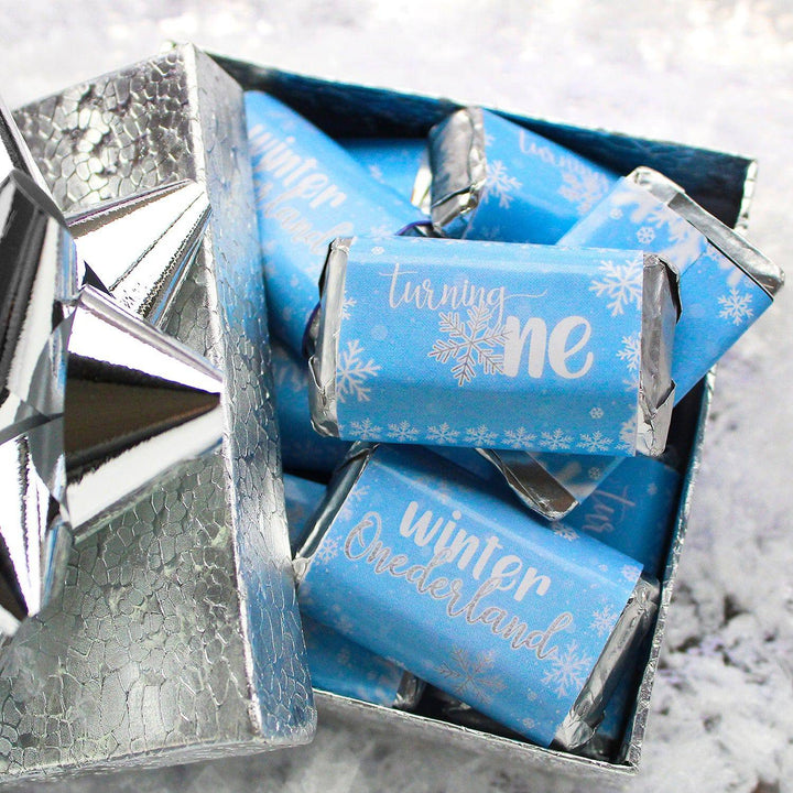 Onederland Snowflake: Blue - Winter First Birthday - Hershey's Miniatures Candy Bar Wrappers Stickers - 45 Stickers - Distinctivs Party