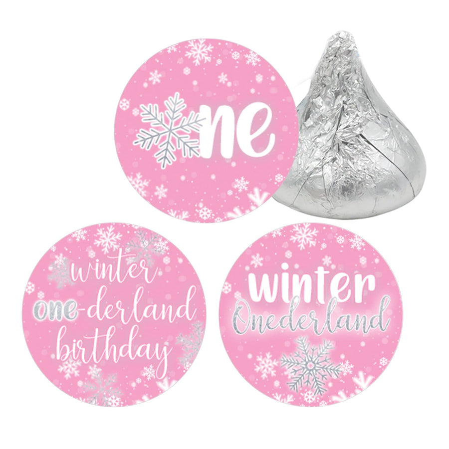 Onederland Snowflake: Pink - Winter First Birthday - Favor Stickers - Fits on Hershey's Kisses - 180 Stickers - Distinctivs Party
