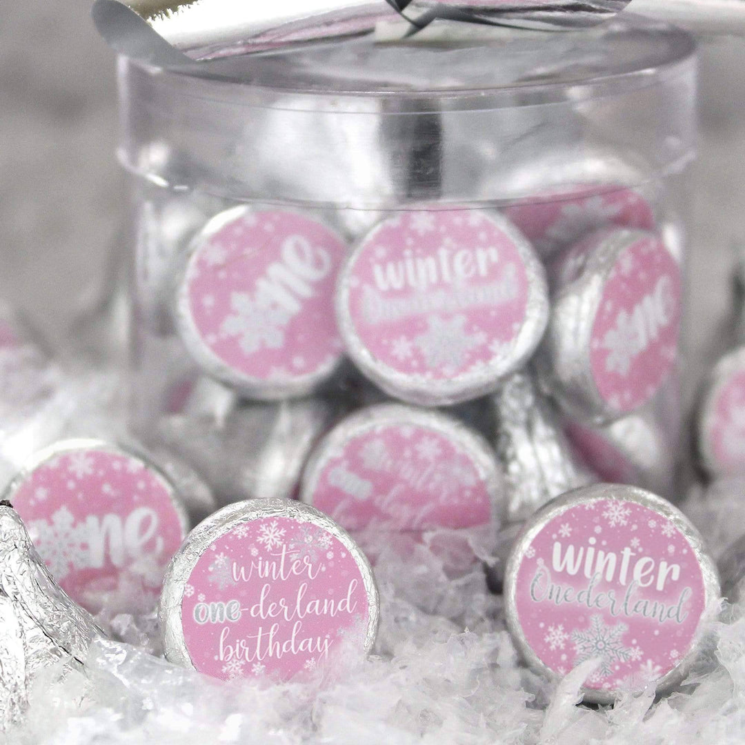 Onederland Snowflake: Pink - Winter First Birthday - Favor Stickers - Fits on Hershey's Kisses - 180 Stickers - Distinctivs Party