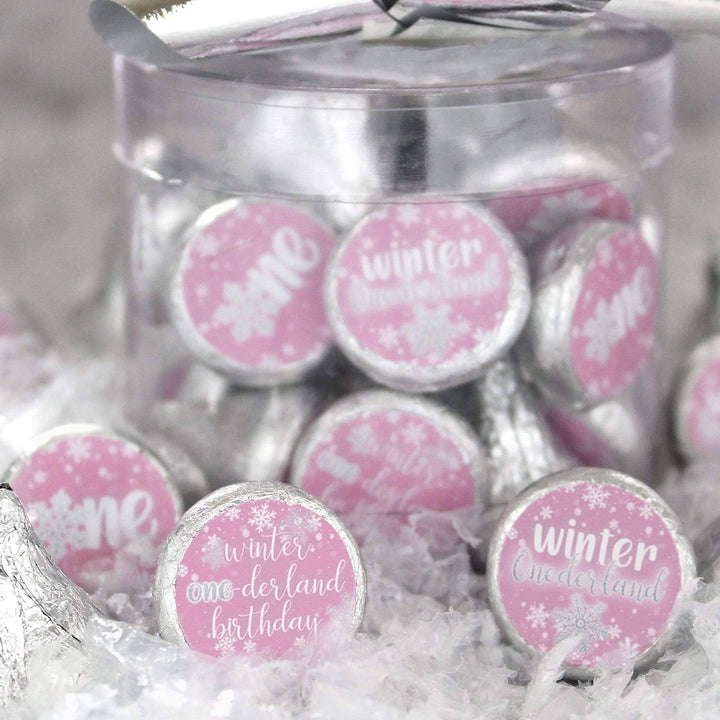 Onederland Snowflake: Pink - Winter First Birthday - Favor Stickers - Fits on Hershey's Kisses - 180 Stickers - Distinctivs Party