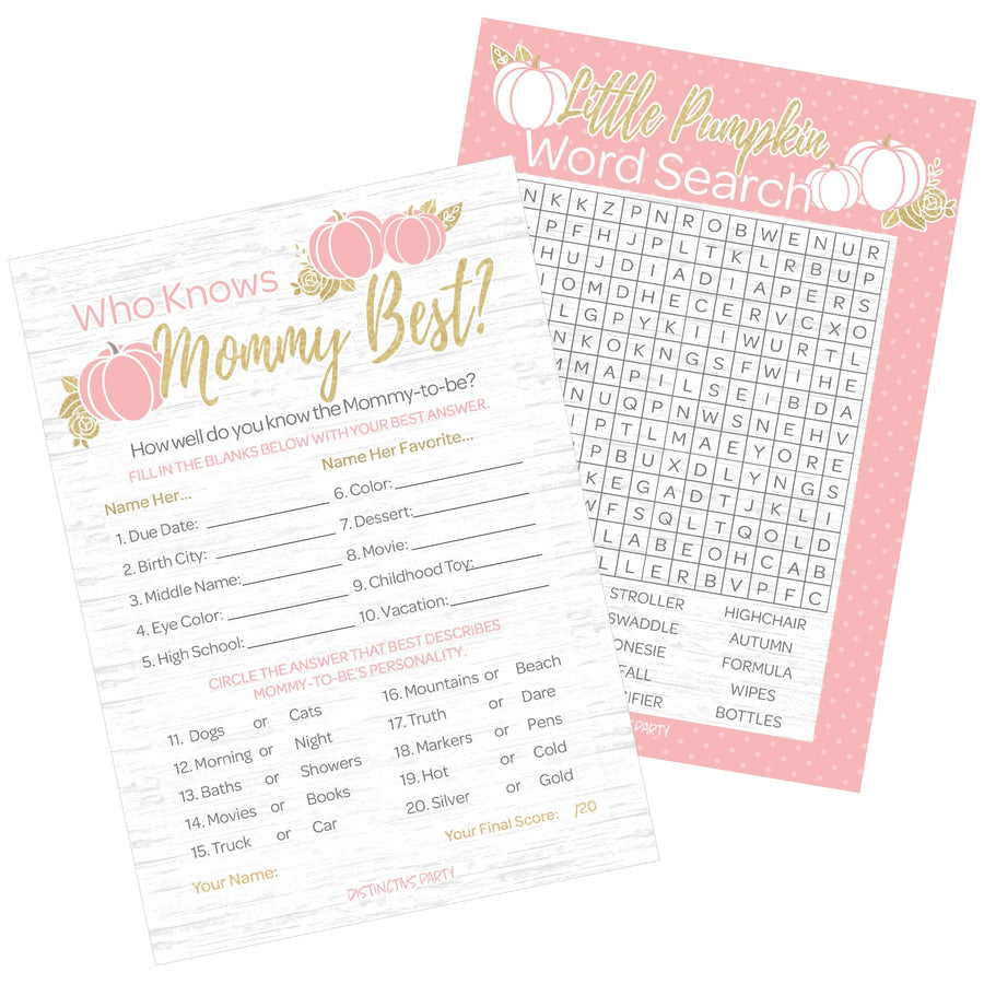 Pink and Gold Little Pumpkin Baby Shower 2 Game Bundle - Word Search and Who Knows Mommy Best Party Activity - 20 Dual Sided Cards