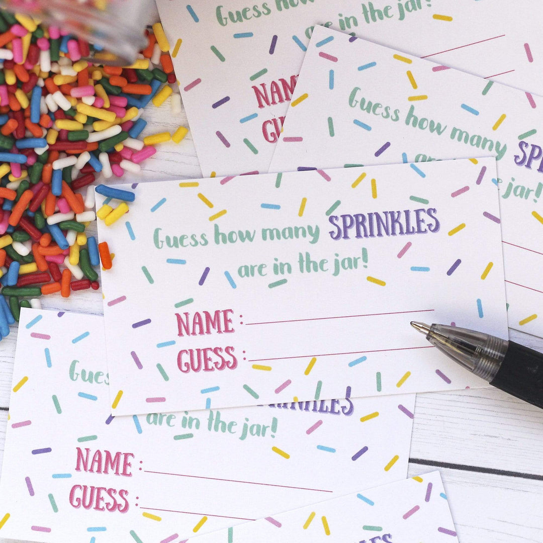 Pink and Purple: Kid's Birthday, Baby Shower - How Many Sprinkles in the Jar Party Game - Sign + 30 Cards - Distinctivs Party