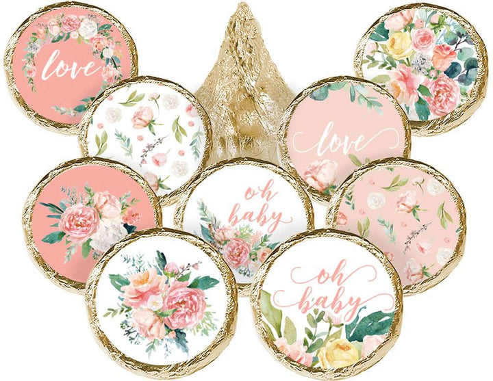 Pink Floral: Baby Shower Favor Stickers - Fits on Hershey's Kisses - Spring, Girl - 180 Stickers - Distinctivs Party