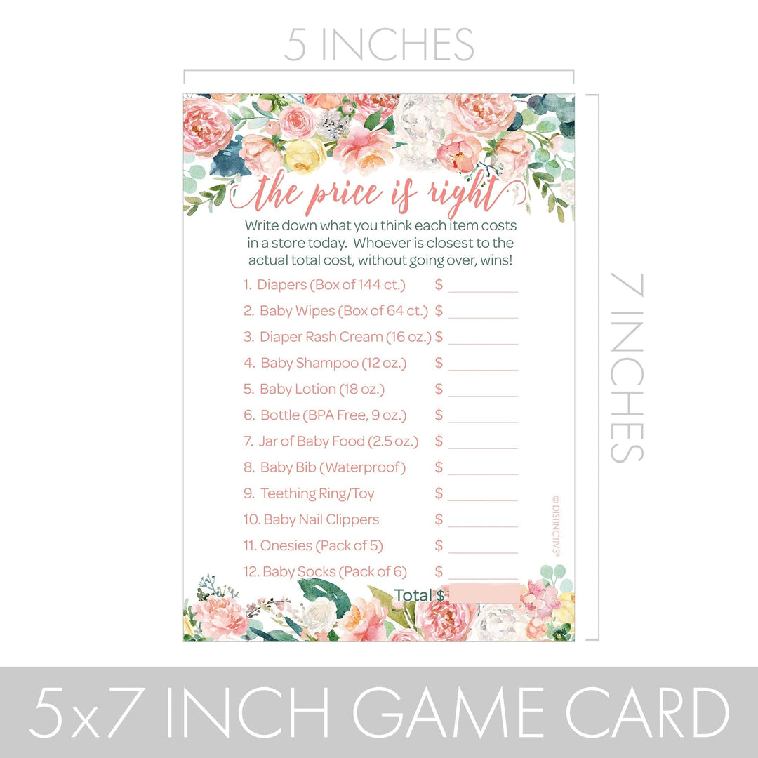Pink Floral: Baby Shower Game - The Price is Right - Spring, Girl - 20 Game Cards - Distinctivs Party