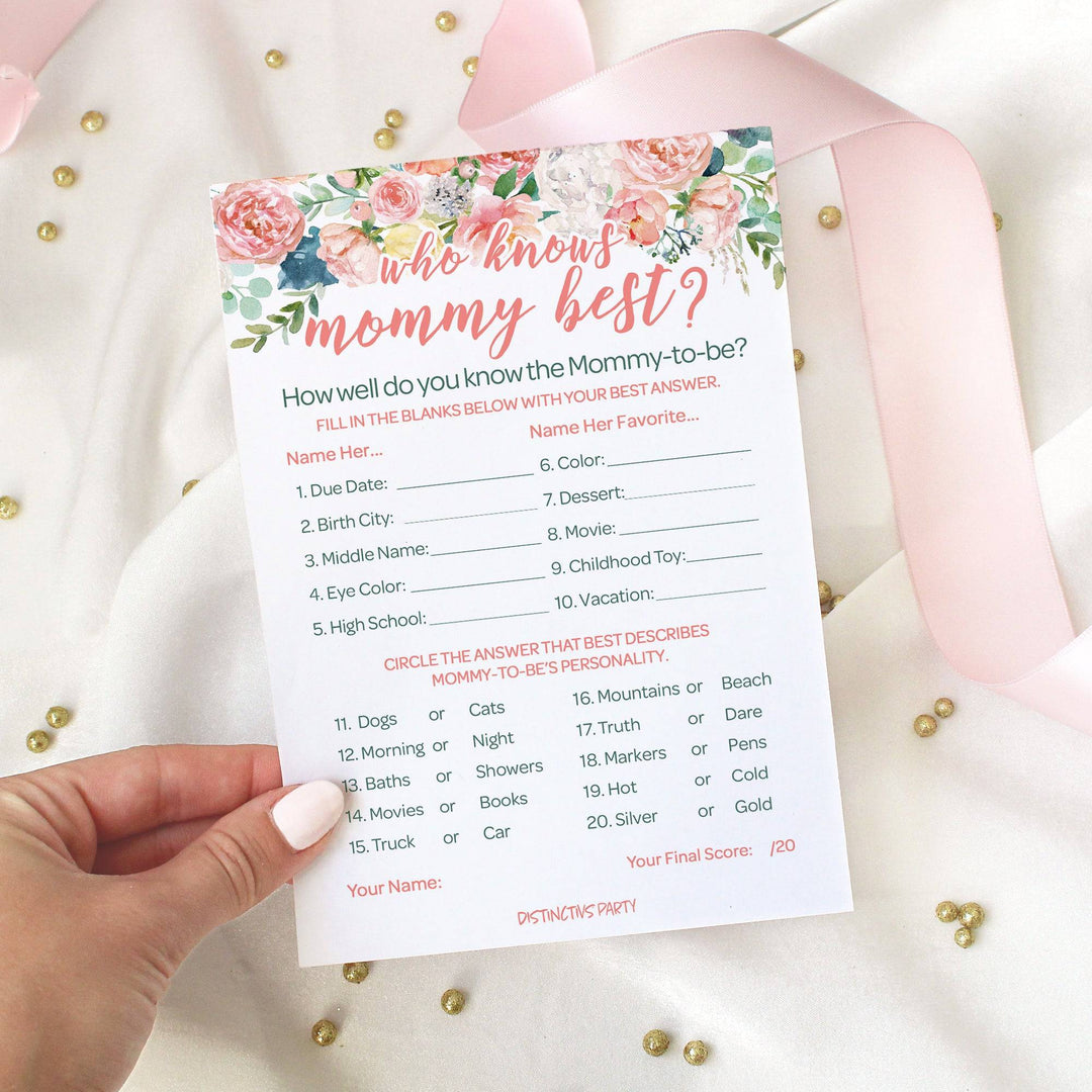 Pink Floral: Baby Shower Game - Who Knows Mommy Best - Spring, Girl -  20 Cards - Distinctivs Party