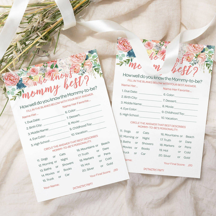 Pink Floral: Baby Shower Game - Who Knows Mommy Best - Spring, Girl -  20 Cards - Distinctivs Party