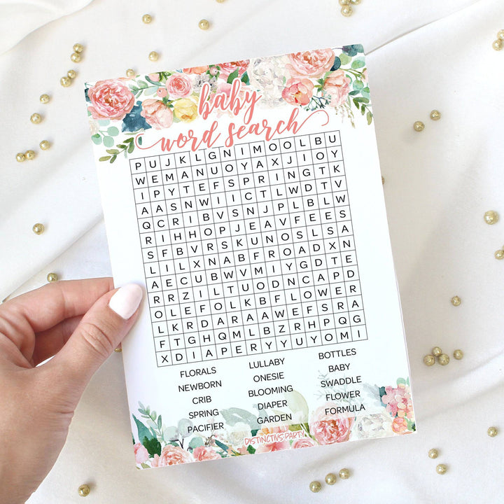 Pink Floral: Baby Shower Game - Word Search - Spring, Girl - 20 Cards - Distinctivs Party