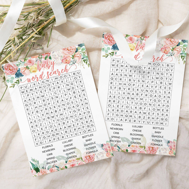Pink Floral: Baby Shower Game - Word Search - Spring, Girl - 20 Cards - Distinctivs Party