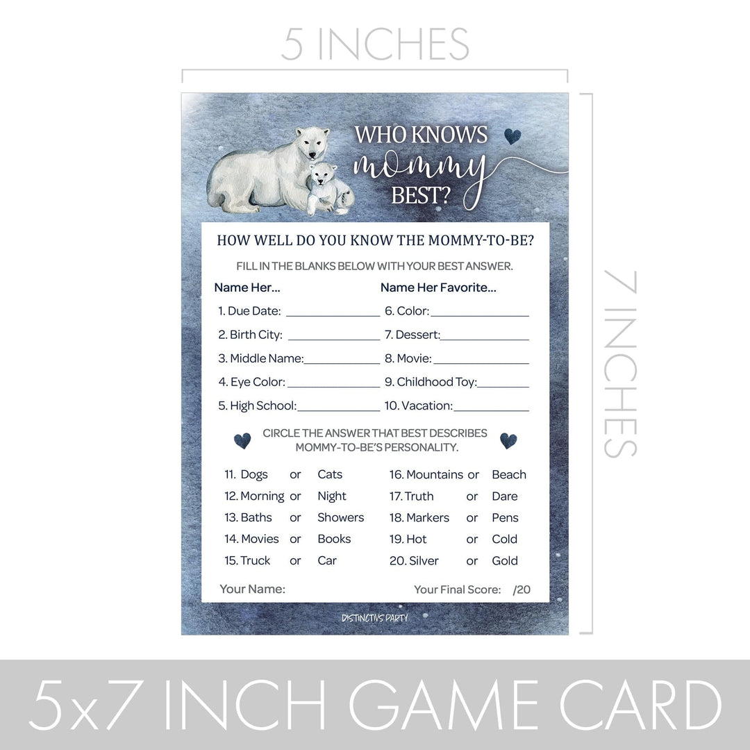 Polar Bear: Winter Baby Shower Game Bundle - Word Search and Who Knows Mommy Best - 2 Sided Game - 20 Cards - Distinctivs Party