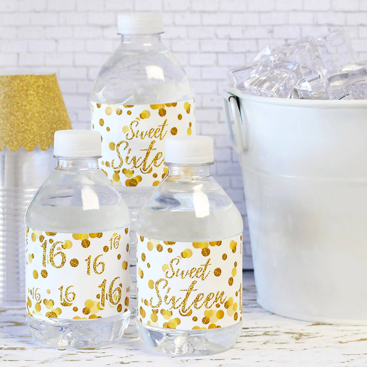 Sweet 16: White & Gold - Birthday Party  Water Bottle Labels - 24 Stickers - Distinctivs Party