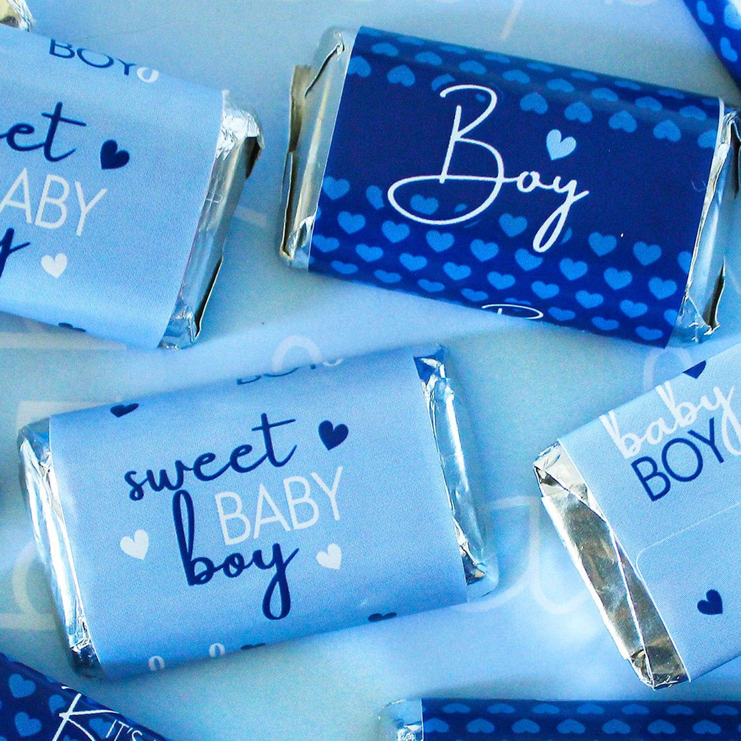 Sweet Baby Boy: Blue - Baby Shower Mini Candy Bar Labels -  45 Stickers - Distinctivs Party