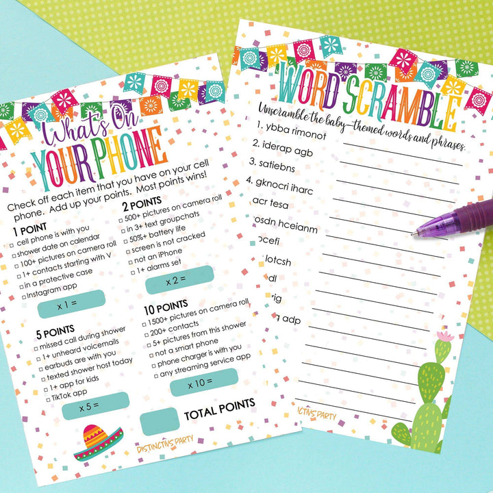 Taco 'Bout a Baby:  Baby Shower Game - What's On Your Phone and Word Scramble Game Bundle - 20 Dual Sided Cards - Distinctivs Party