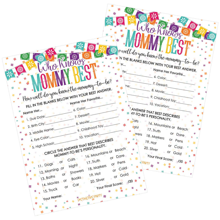 Taco 'Bout a Baby:  Baby Shower Game - Who Knows Mommy Best Game Cards - 20 Cards - Distinctivs Party
