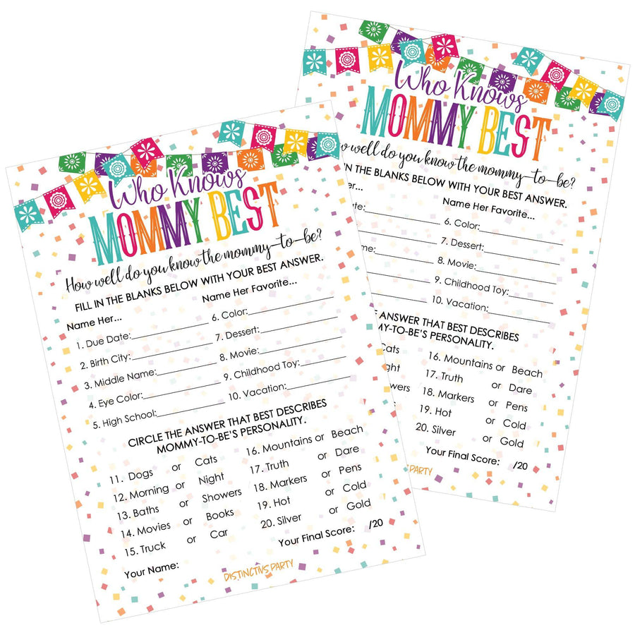 Taco 'Bout a Baby:  Baby Shower Game - Who Knows Mommy Best Game Cards - 20 Cards - Distinctivs Party