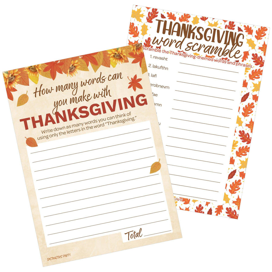 Thanksgiving Party Game Bundle – Word Scramble and How Many Thanksgiving Words Anagram – 25 Dual-Sided Game Cards - Distinctivs Party