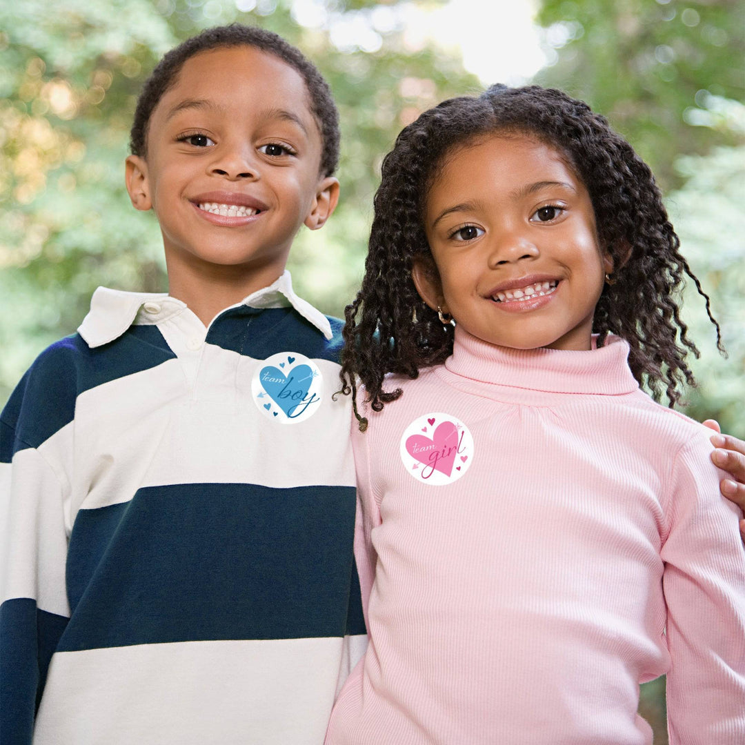 Valentine's Day Gender Reveal Stickers: Blue & Pink Hearts - Team He or Team She Stickers - 40 Stickers - Distinctivs Party