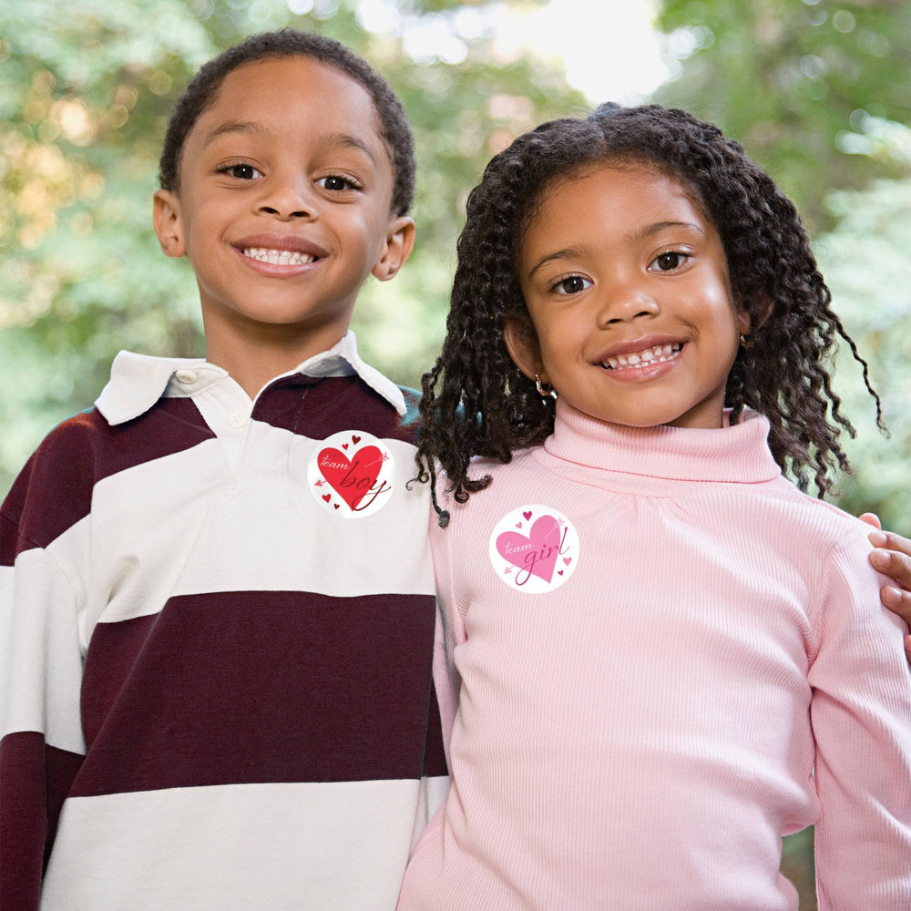 Valentine's Day Gender Reveal Stickers: Red & Pink Hearts - Team He or Team She Stickers - 40 Stickers - Distinctivs Party