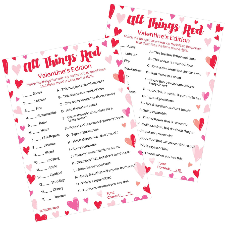 Valentine's Day Party Games: All Things Red - Classroom Party Game - 25 Player Cards - Distinctivs Party