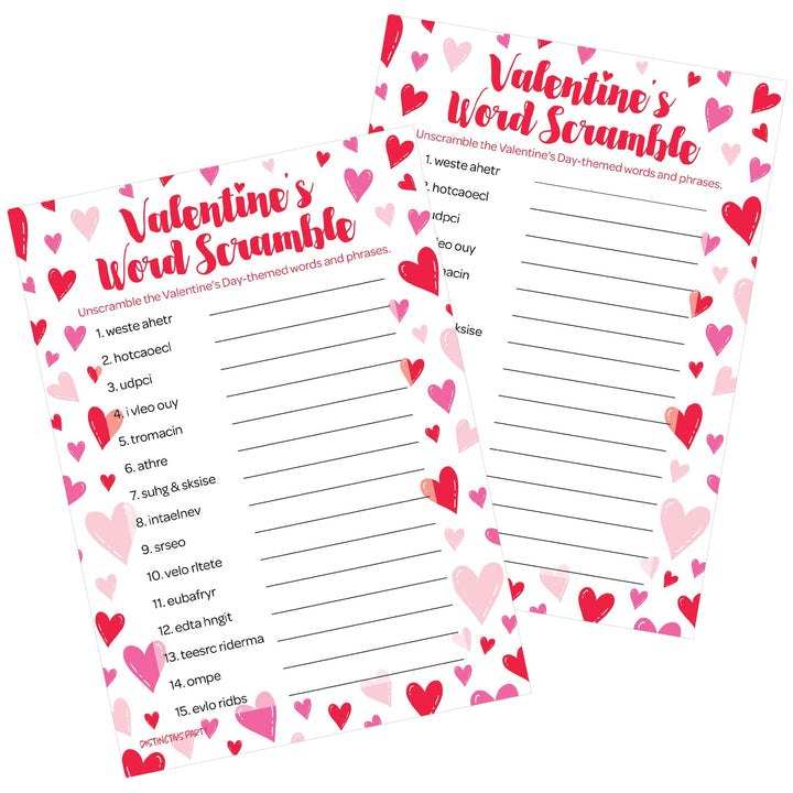 Valentine's Day Party Games: Word Scramble - Classroom Party Game - 25 Player Cards - Distinctivs Party
