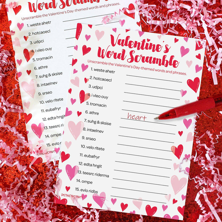 Valentine's Day Party Games: Word Scramble - Classroom Party Game - 25 Player Cards - Distinctivs Party