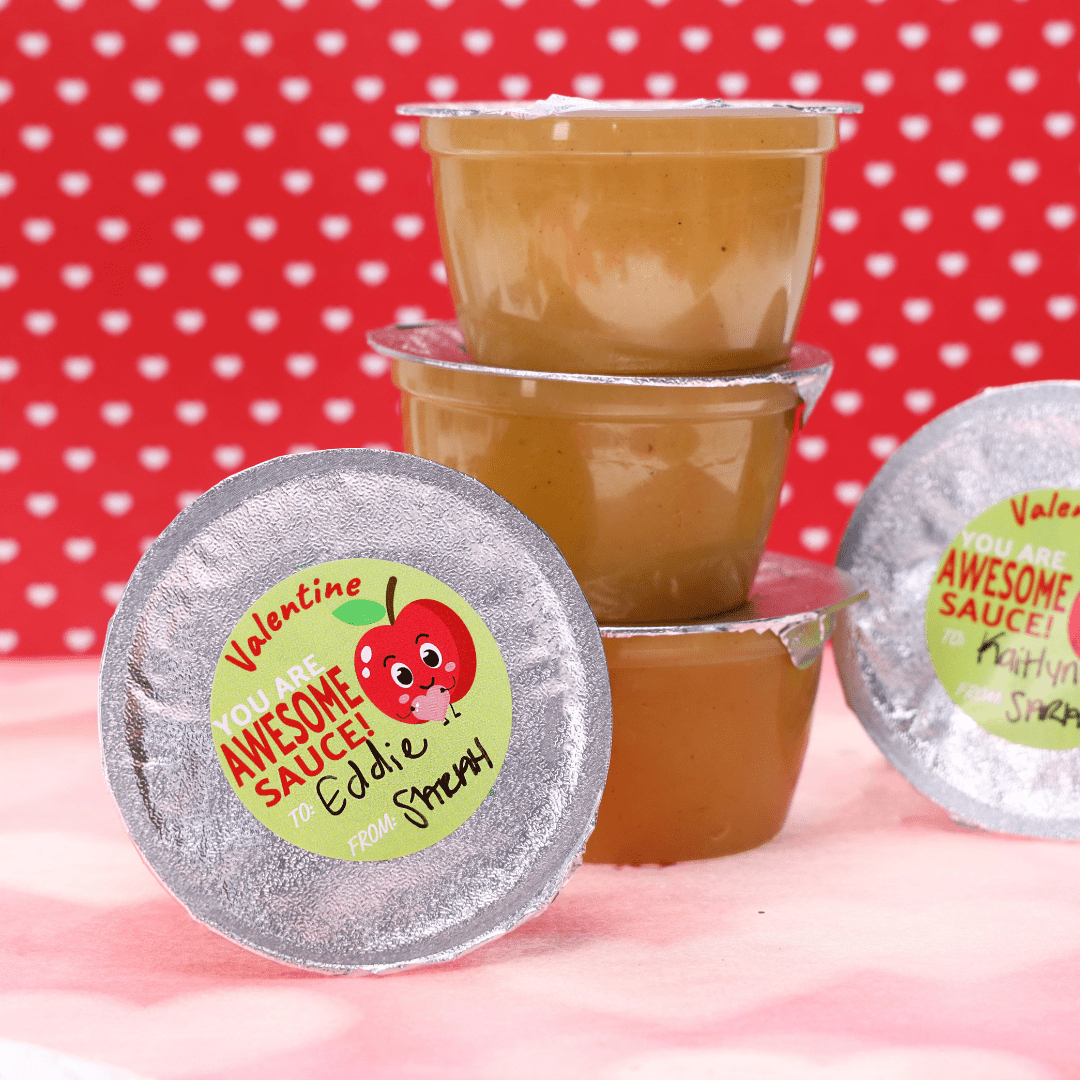 Valentine's Day Treat Stickers: Apple Theme Applesauce for Kids - 40 Circle Stickers - Distinctivs Party