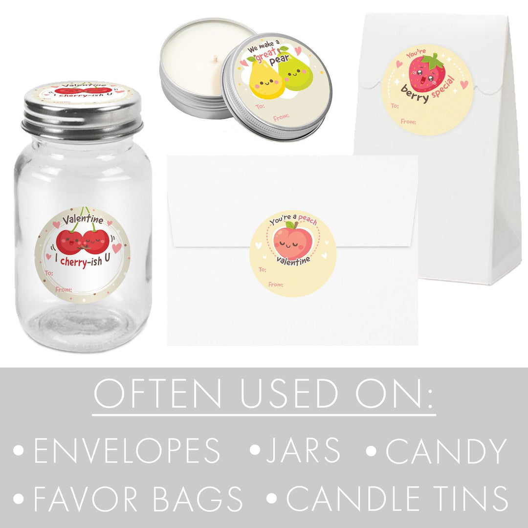 Valentine's Day Treat Stickers: Cute Fruit - 40 Circle Stickers - Distinctivs Party