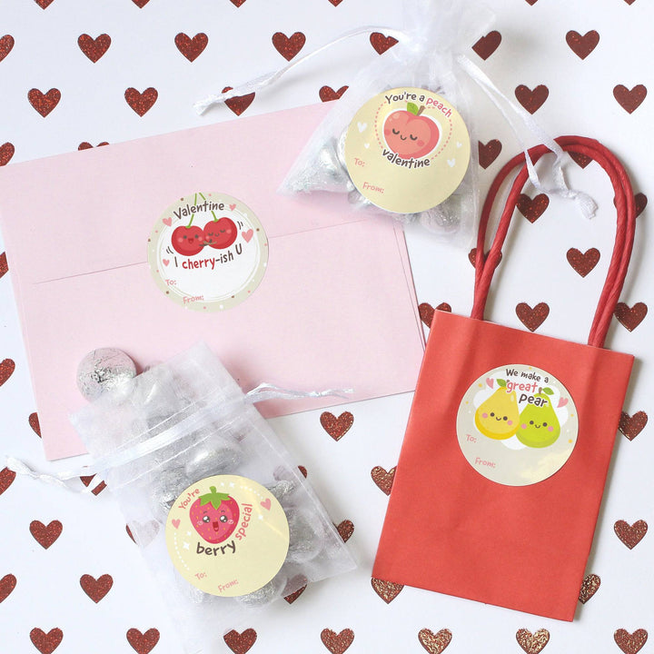 Valentine's Day Treat Stickers: Cute Fruit - 40 Circle Stickers - Distinctivs Party