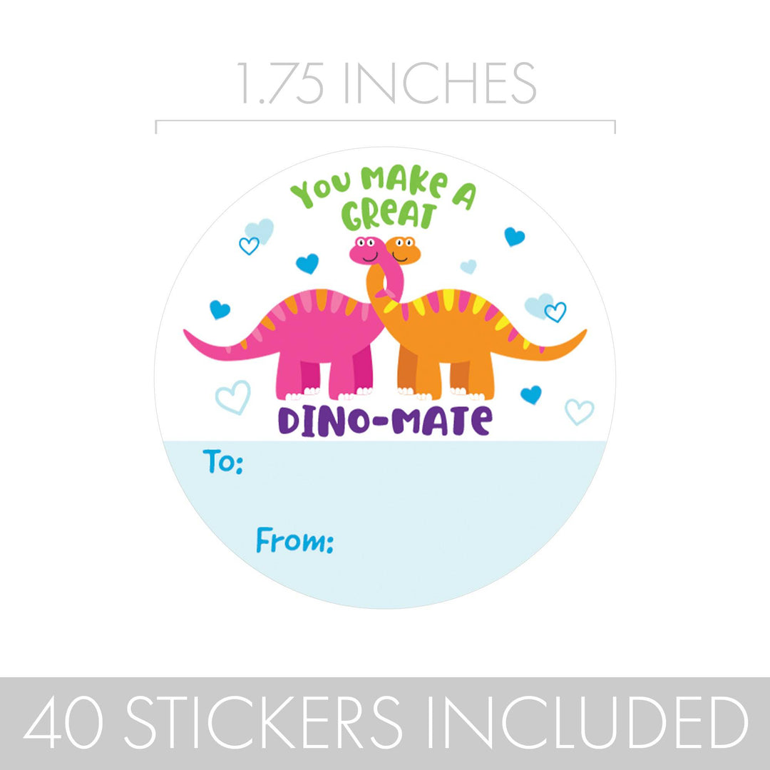 Valentine's Day Treat Stickers: Dinosaur - 40 Circle Stickers - Distinctivs Party