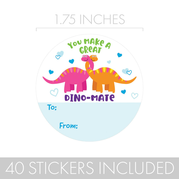 Valentine's Day Treat Stickers: Dinosaur - 40 Circle Stickers - Distinctivs Party