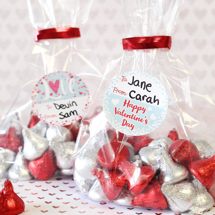 Valentine's Day Treat Stickers: Happy Valentine's Day Pastels - 40 Circle Stickers - Distinctivs Party