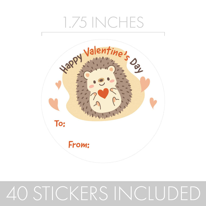 Valentine's Day Treat Stickers: Hedgehog - 40 Circle Stickers - Distinctivs Party