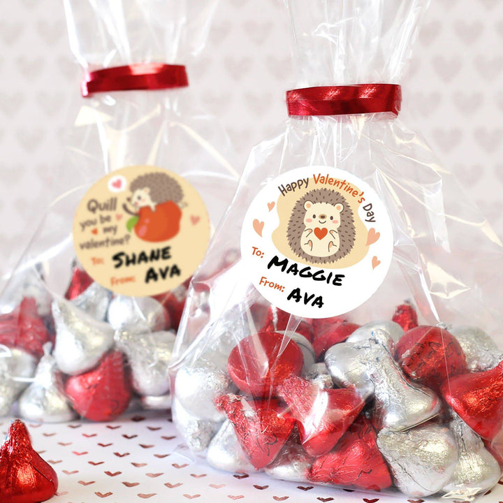 Valentine's Day Treat Stickers: Hedgehog - 40 Circle Stickers - Distinctivs Party