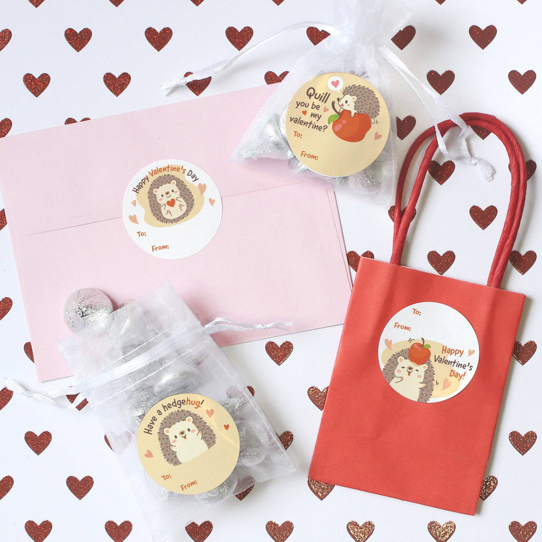 Valentine's Day Treat Stickers: Hedgehog - 40 Circle Stickers - Distinctivs Party