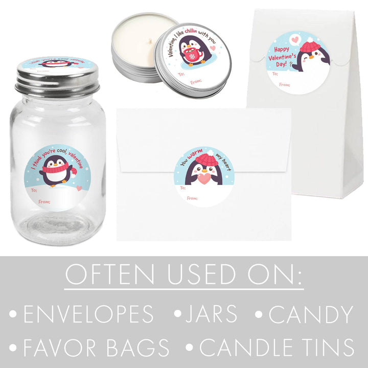 Valentine's Day Treat Stickers: Penguins - 40 Circle Stickers - Distinctivs Party