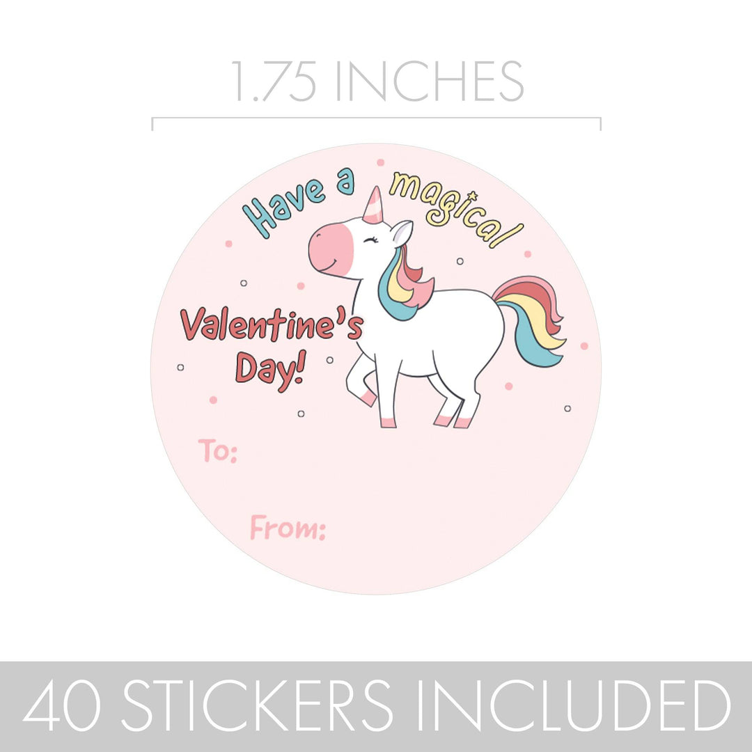Valentine's Day Treat Stickers: Unicorn - 40 Circle Stickers - Distinctivs Party