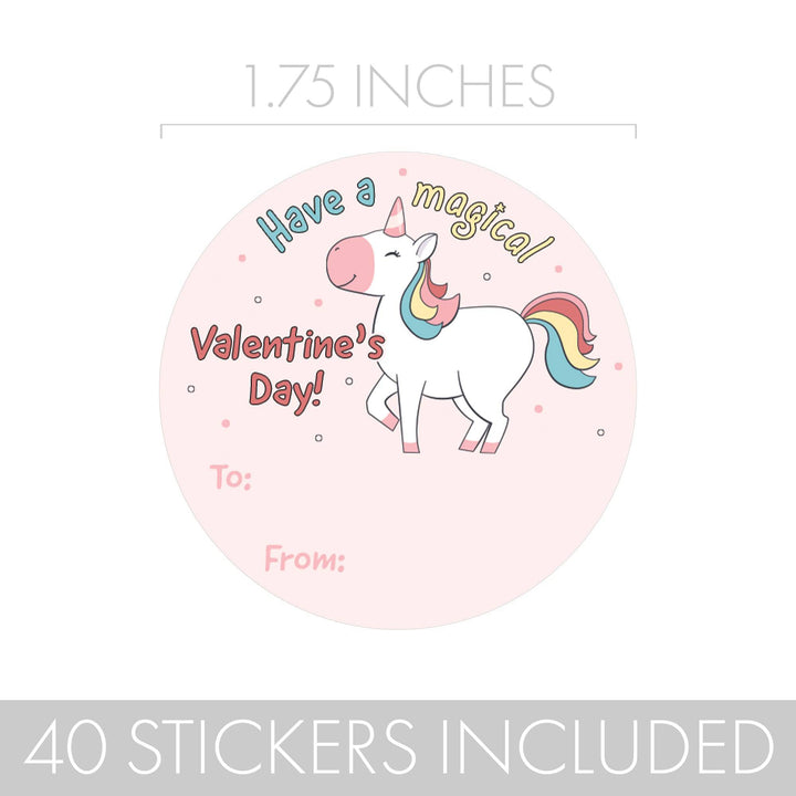 Valentine's Day Treat Stickers: Unicorn - 40 Circle Stickers - Distinctivs Party