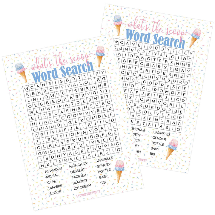 What’s the Scoop: Ice Cream - Gender Reveal Party Game - Word Search - 20 Cards - Distinctivs Party
