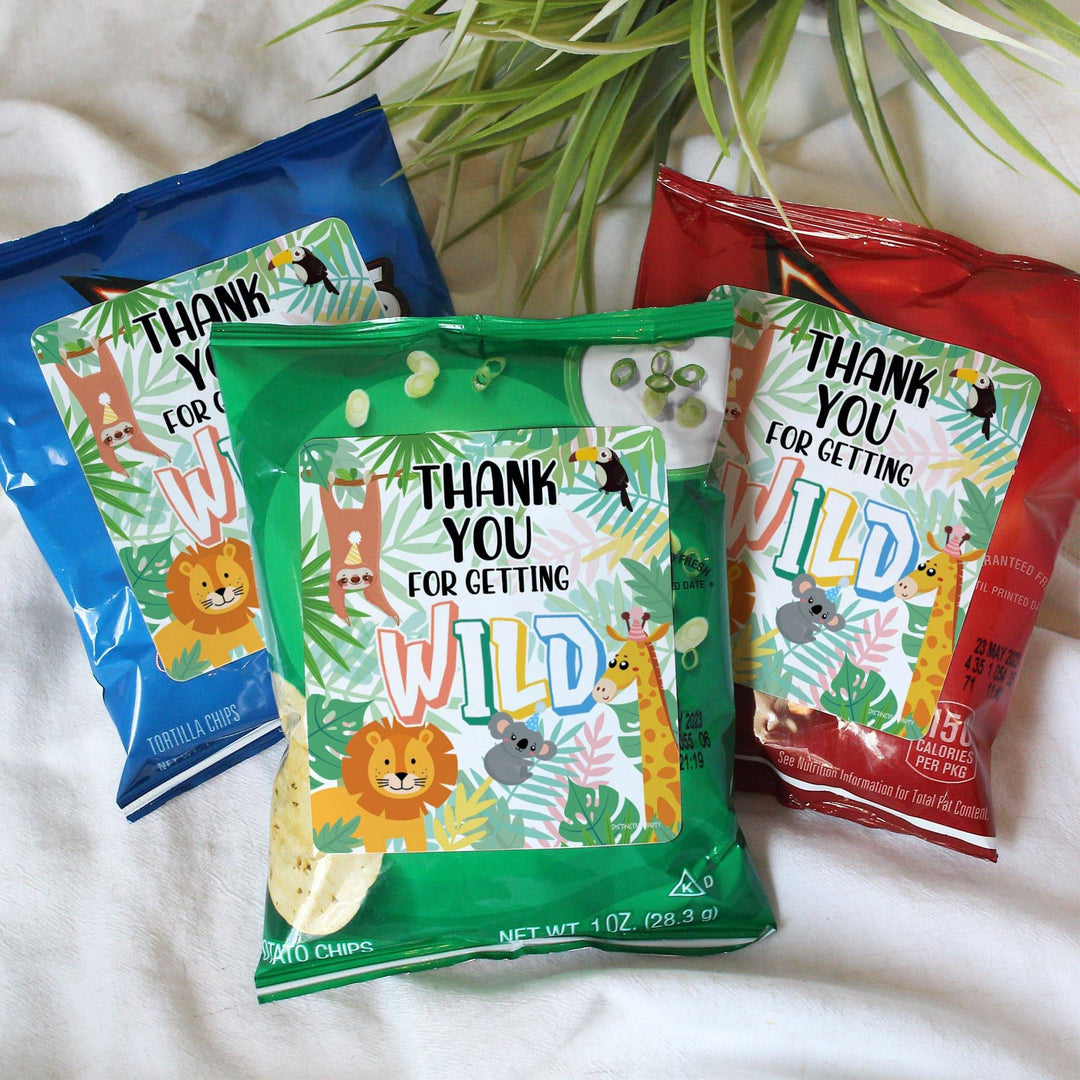 Wild Jungle: Kid's Birthday - Chip Bag and Snack Bag Stickers - 32 Pack - Distinctivs Party