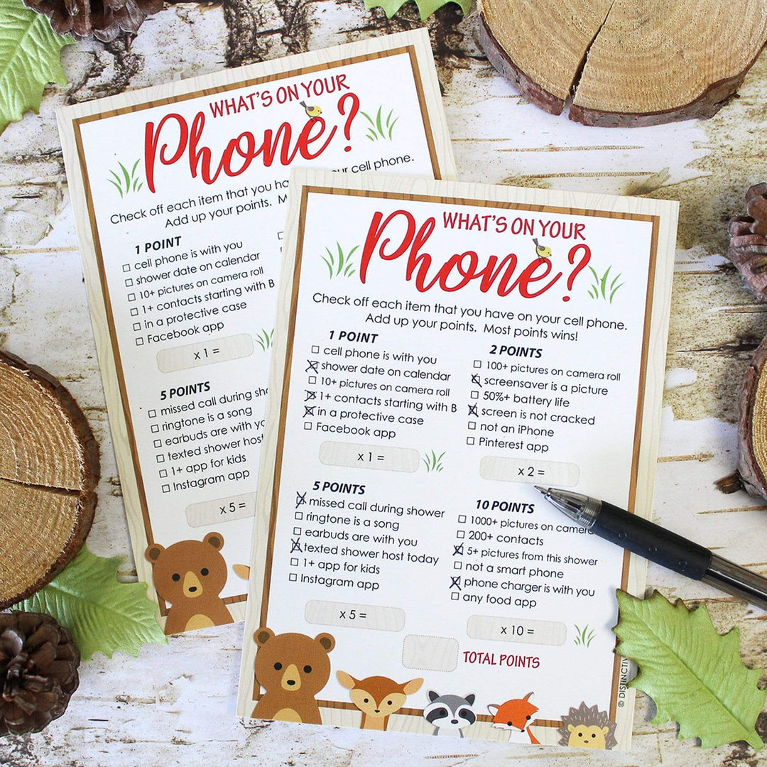 Woodland Baby Shower Game What's On Your Phone - 20 Cards - Distinctivs Party